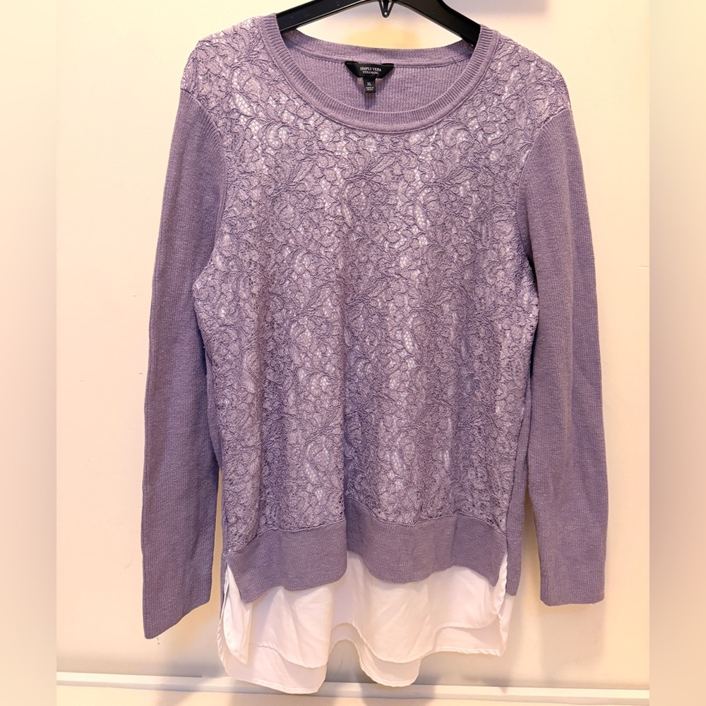 Simply Vera Vera Wang lavender mock-layer lace sweater size XL